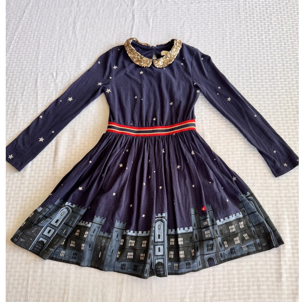Mini‎ Boden Girls Navy Castle Star Sequin Collar Dress Size 7-8Y 128cm G0181